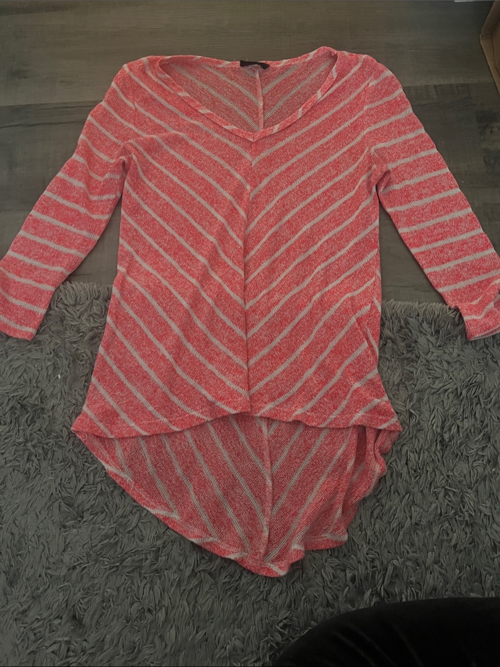 Striped High-Low Knit Top - Coral and Heather Gray